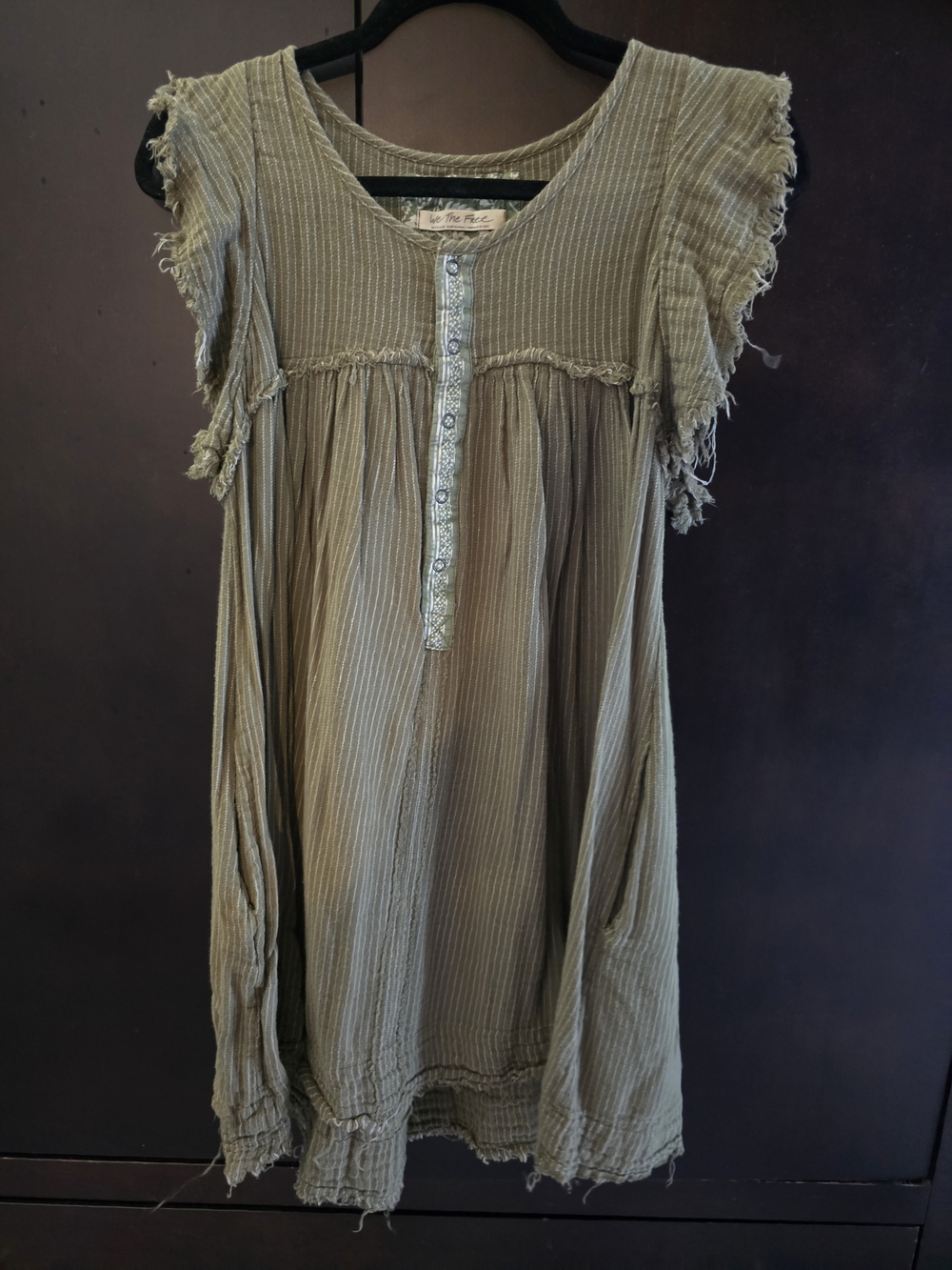 Free People Olive Green Scoop Neck Frayed Sleeve Babydoll Dress/Tunic Size M